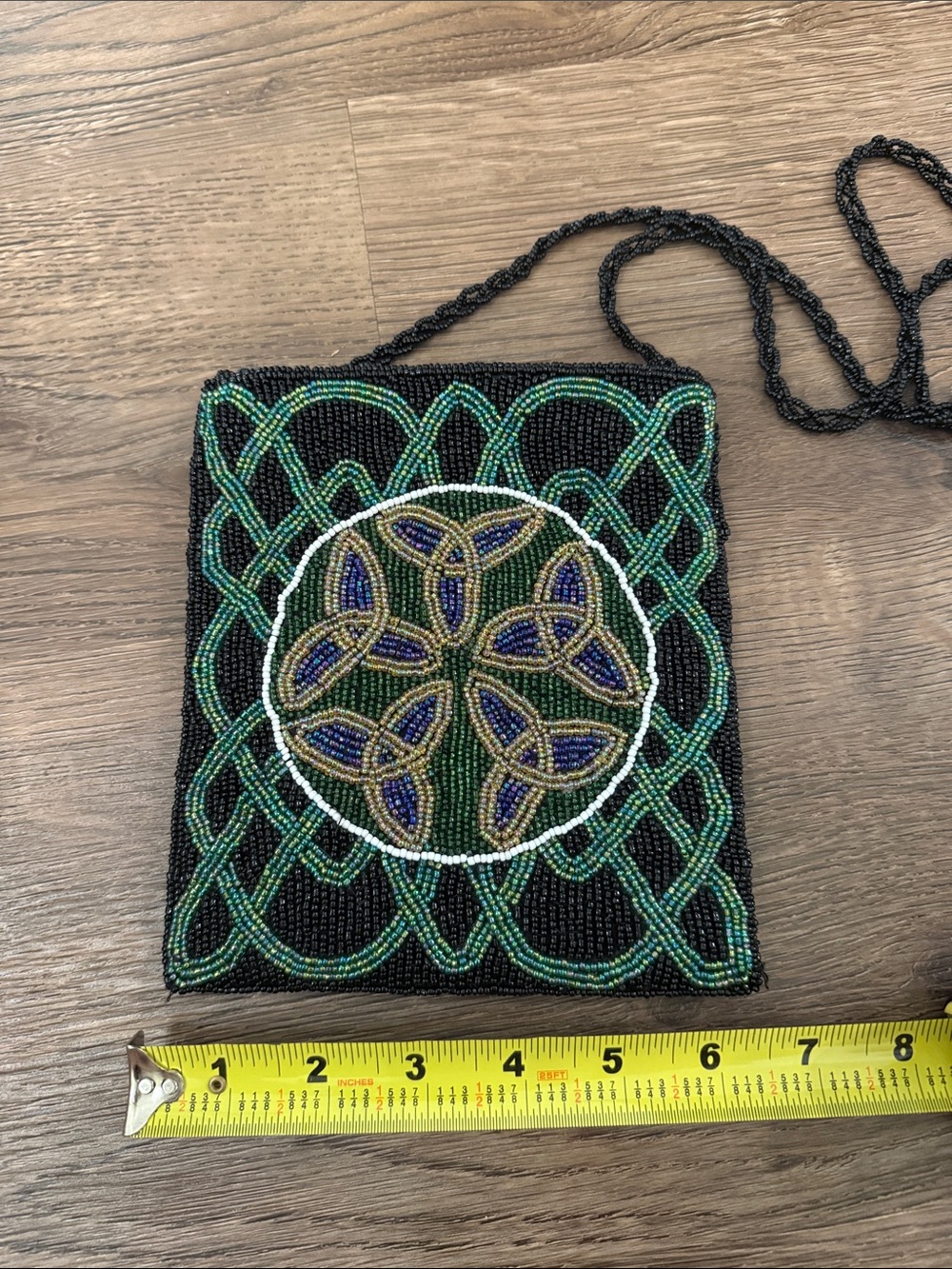 Beaded Celtic Knot Clutch with Green and Black Design crossbody strap